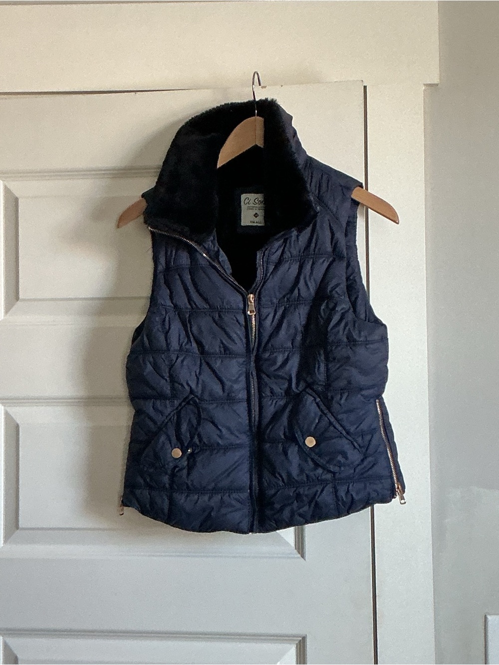 . Navy  Puffer Vest with Faux Fur Trim
